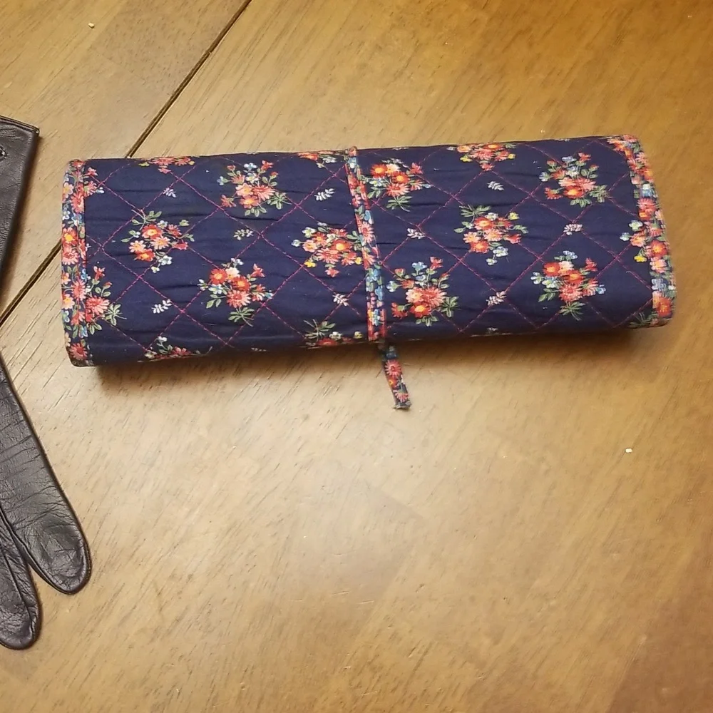 Vintage navy gloves and jewelry roll bag